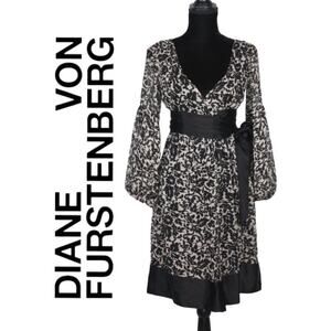 Diane Von Furstenberg 100% Silk Black Floral Wrap Dress Size 4